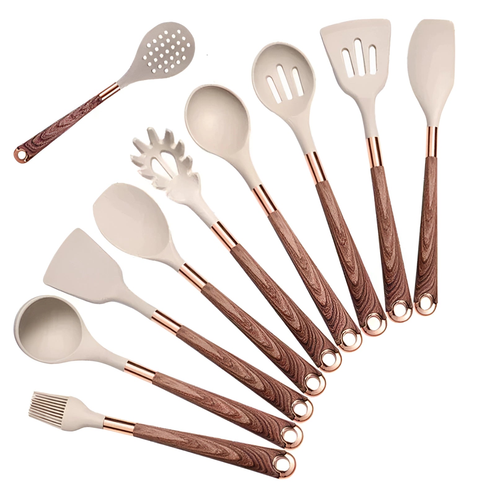 Premium 10-Piece Silicone Kitchen Tools With Copper And Wood Handles Ergonomic Set