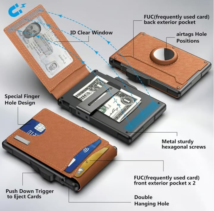 Minimalist Aluminum Money Clip Wallet With RFID Protection And AirTag Pocket