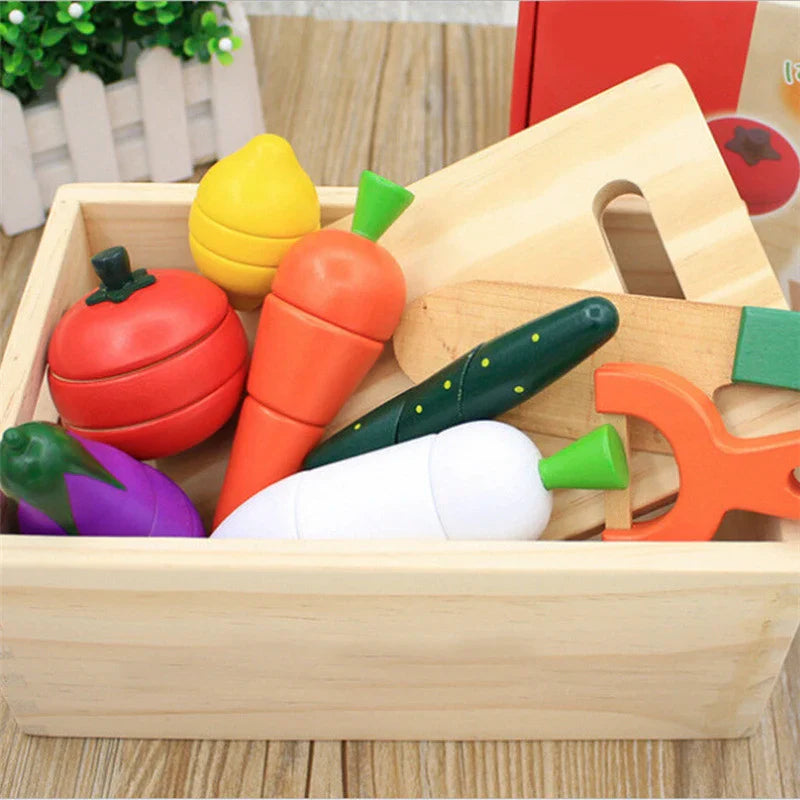 Montessori Kitchen Toy Set With Wooden Fruits And Veggies For Cutting Play