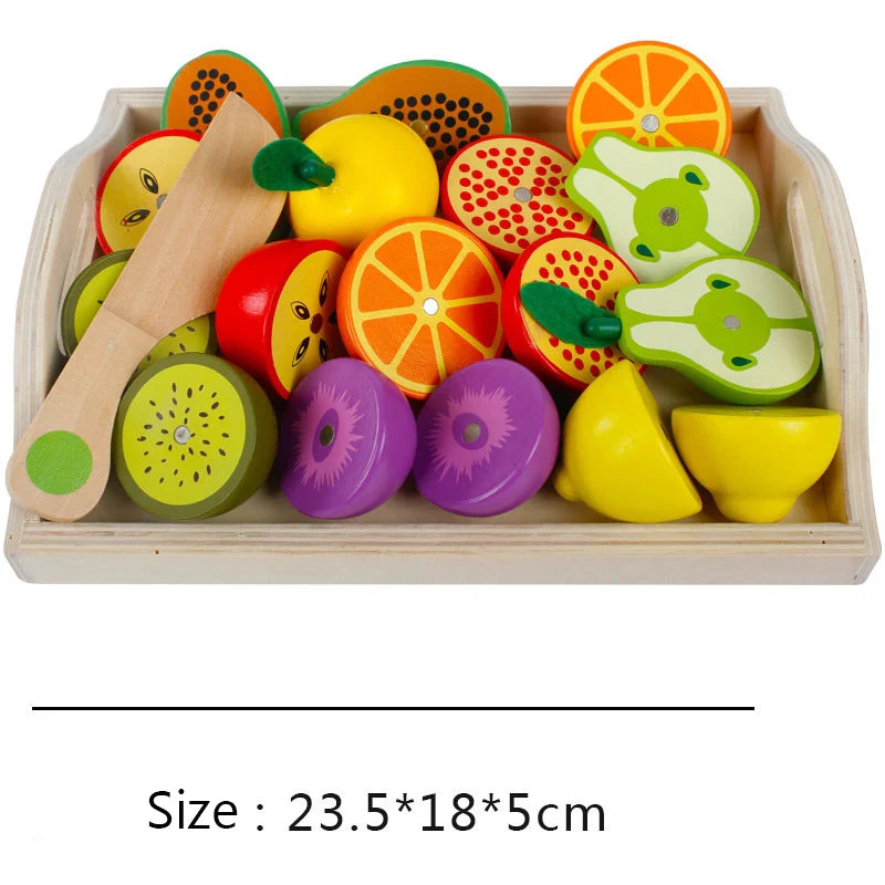 Montessori Kitchen Toy Set With Wooden Fruits And Veggies For Cutting Play