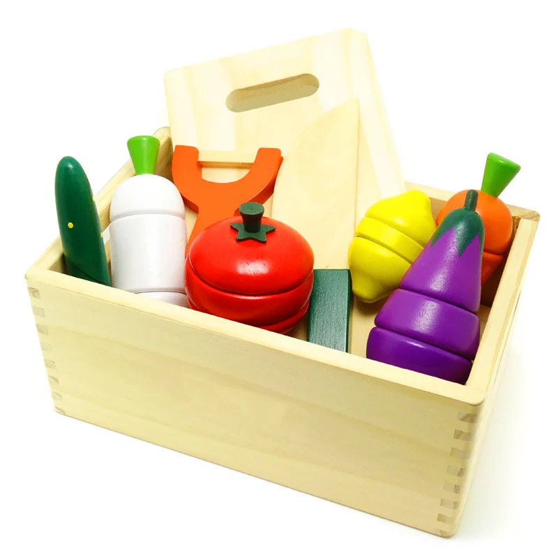 Montessori Kitchen Toy Set With Wooden Fruits And Veggies For Cutting Play