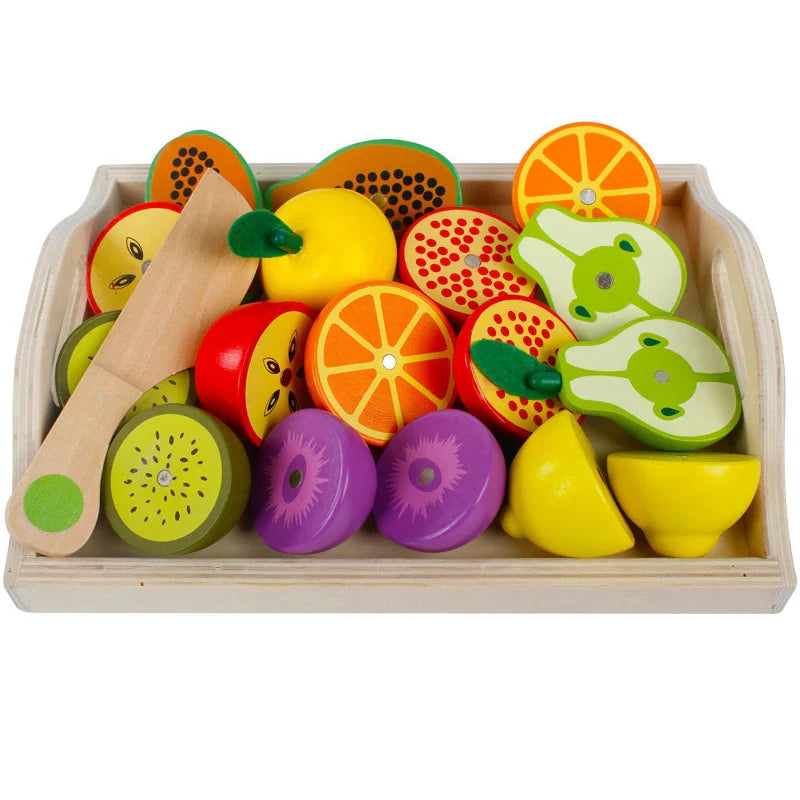 Montessori Kitchen Toy Set With Wooden Fruits And Veggies For Cutting Play