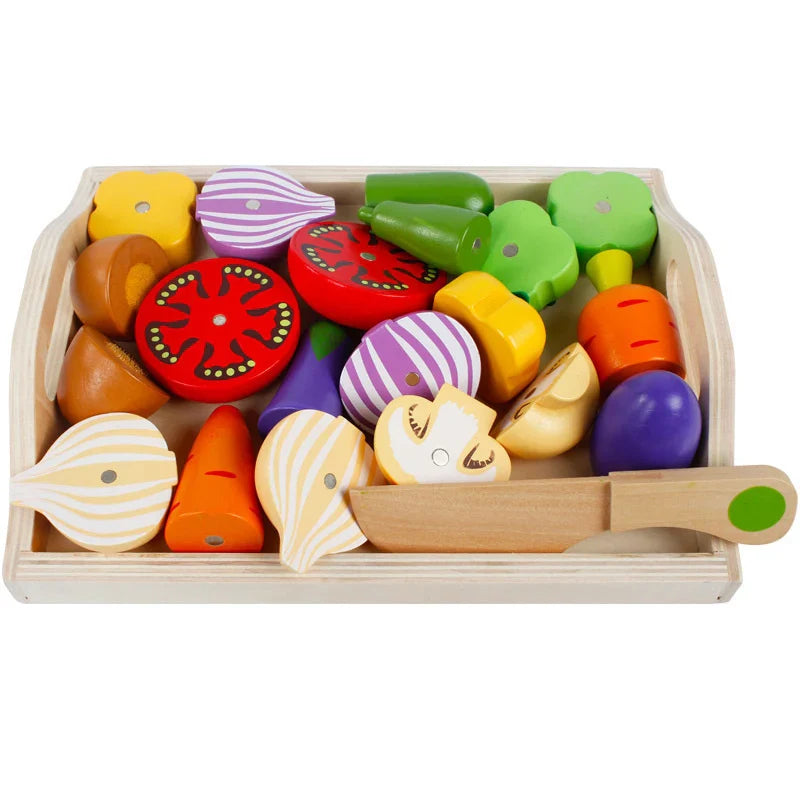 Montessori Kitchen Toy Set With Wooden Fruits And Veggies For Cutting Play