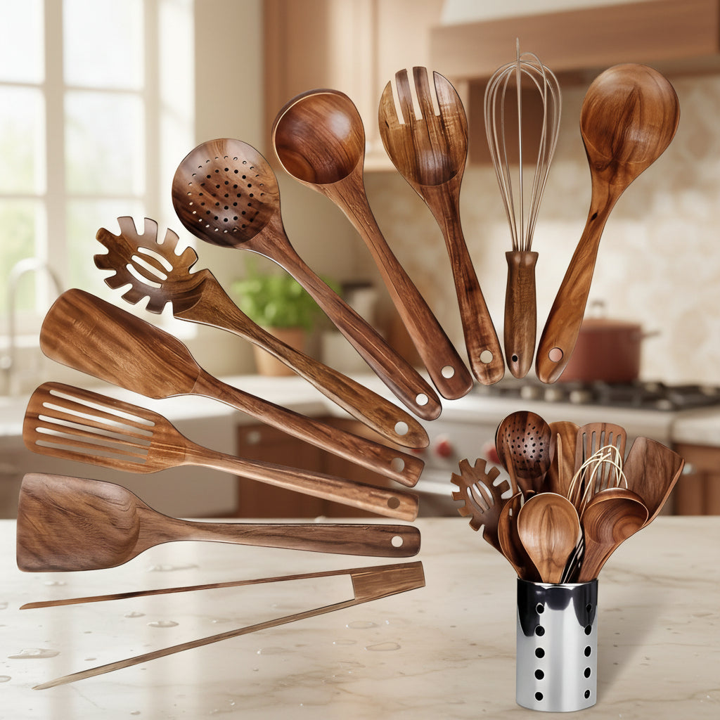 Natural Wooden Kitchen Utensil Set With Countertop Holder