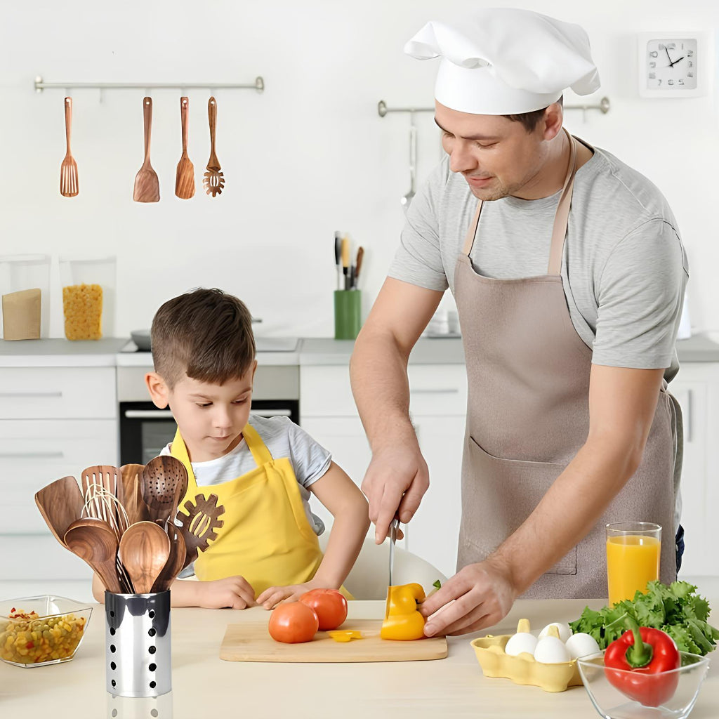 Natural Wooden Kitchen Utensil Set With Countertop Holder