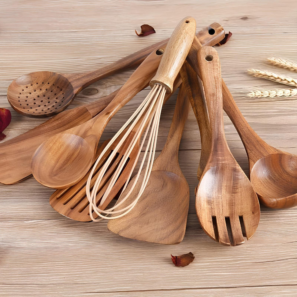 Natural Wooden Kitchen Utensil Set With Countertop Holder