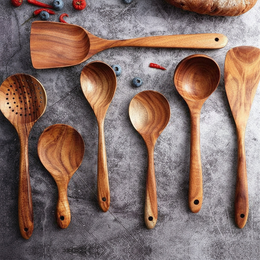 Natural Wood Cooking Utensil Set With Food-Grade Finish, Non-Scratch Kitchen Tools