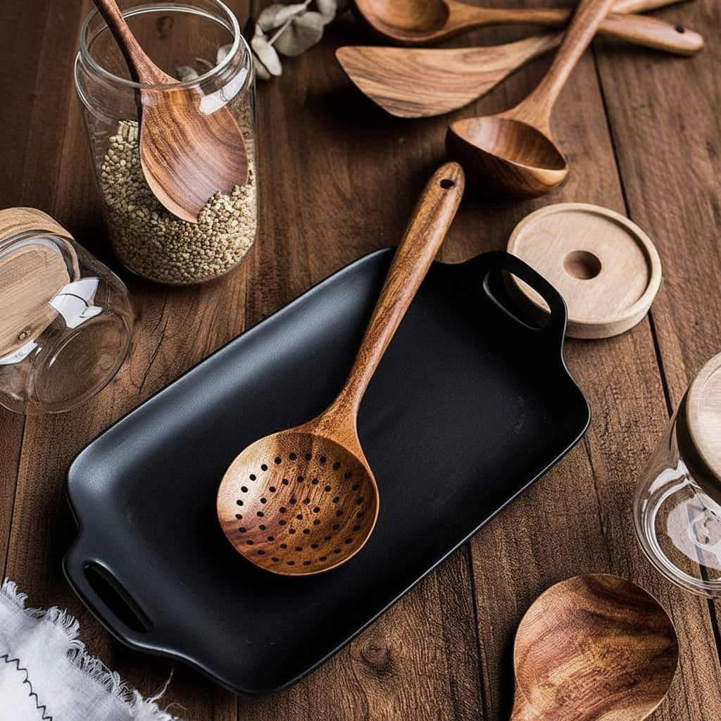 Natural Wood Cooking Utensil Set With Food-Grade Finish, Non-Scratch Kitchen Tools