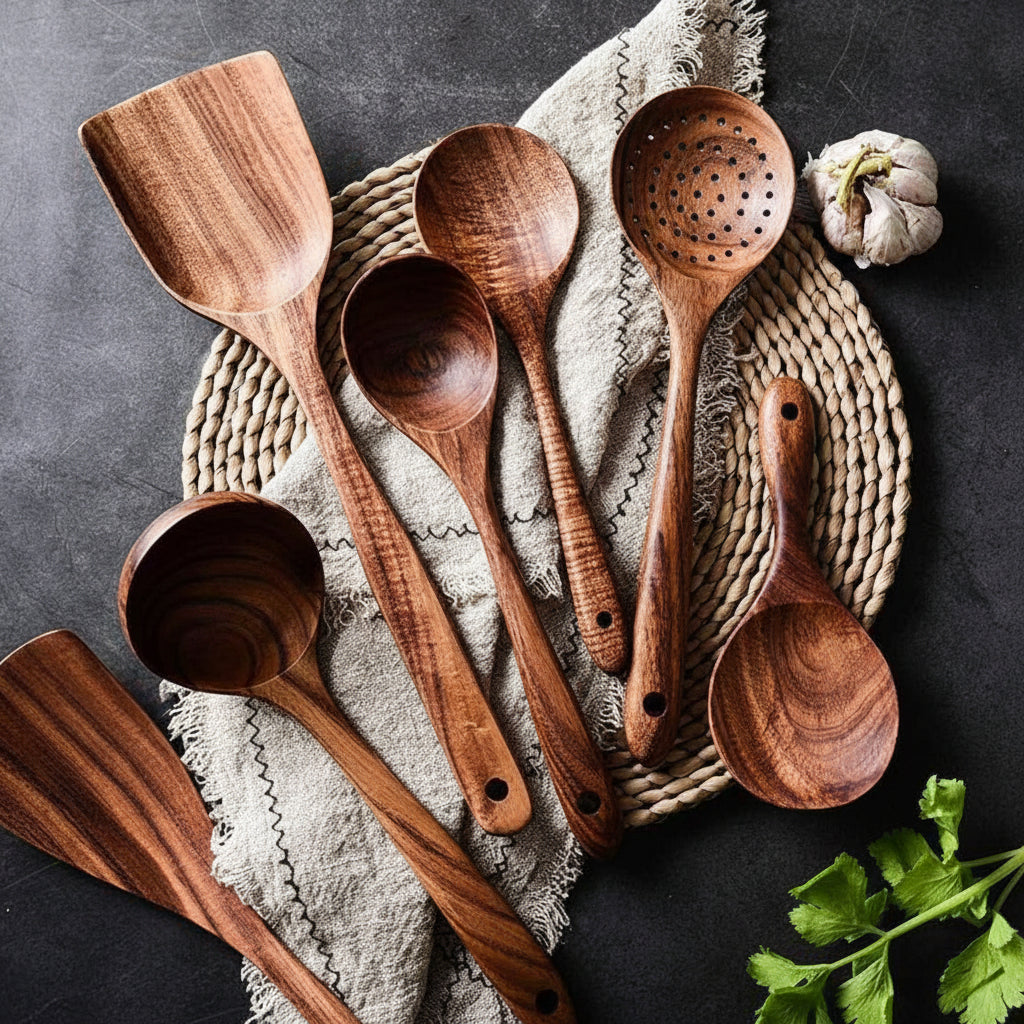 Natural Wood Cooking Utensil Set With Food-Grade Finish, Non-Scratch Kitchen Tools