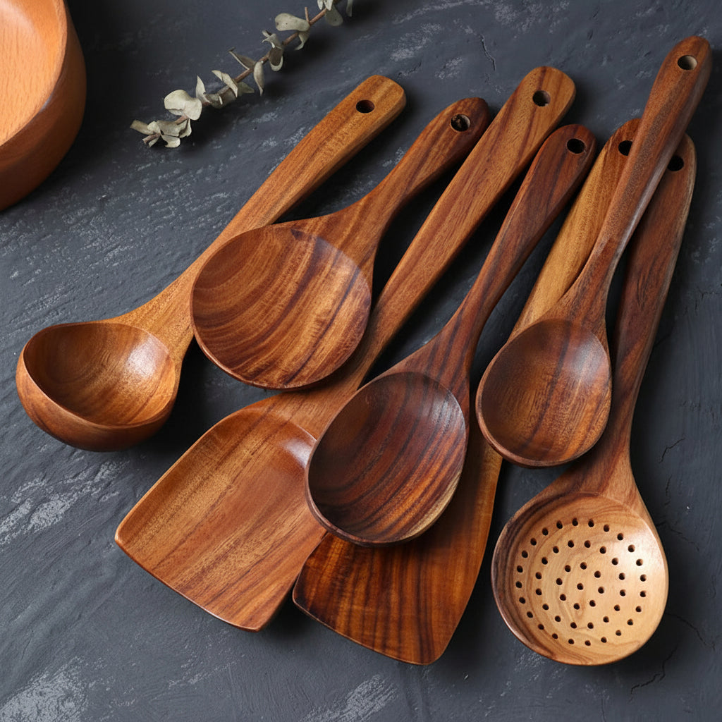 Natural Wood Cooking Utensil Set With Food-Grade Finish, Non-Scratch Kitchen Tools