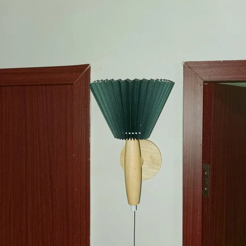 Nordic Elegance Timber Wall Sconce With Pleated Shade For Cozy Ambiance