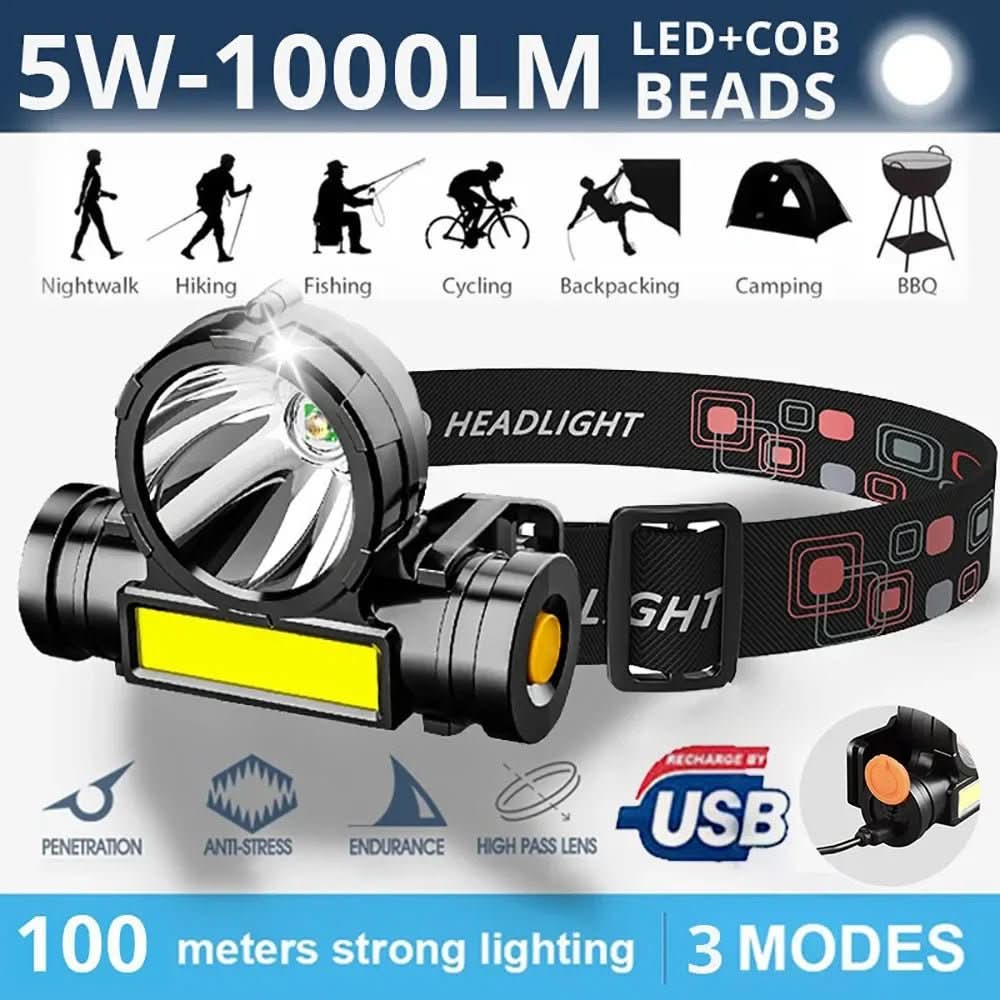 Outdoor Essentials Headlamp Rechargeable LED Lightweight And Compact For Camping And Hiking