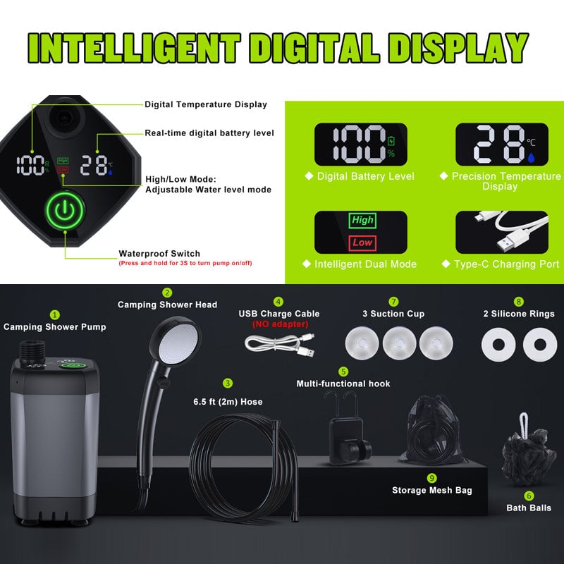 Rechargeable Portable Shower Pump For Outdoor Camping And Beach Trips With LED Display