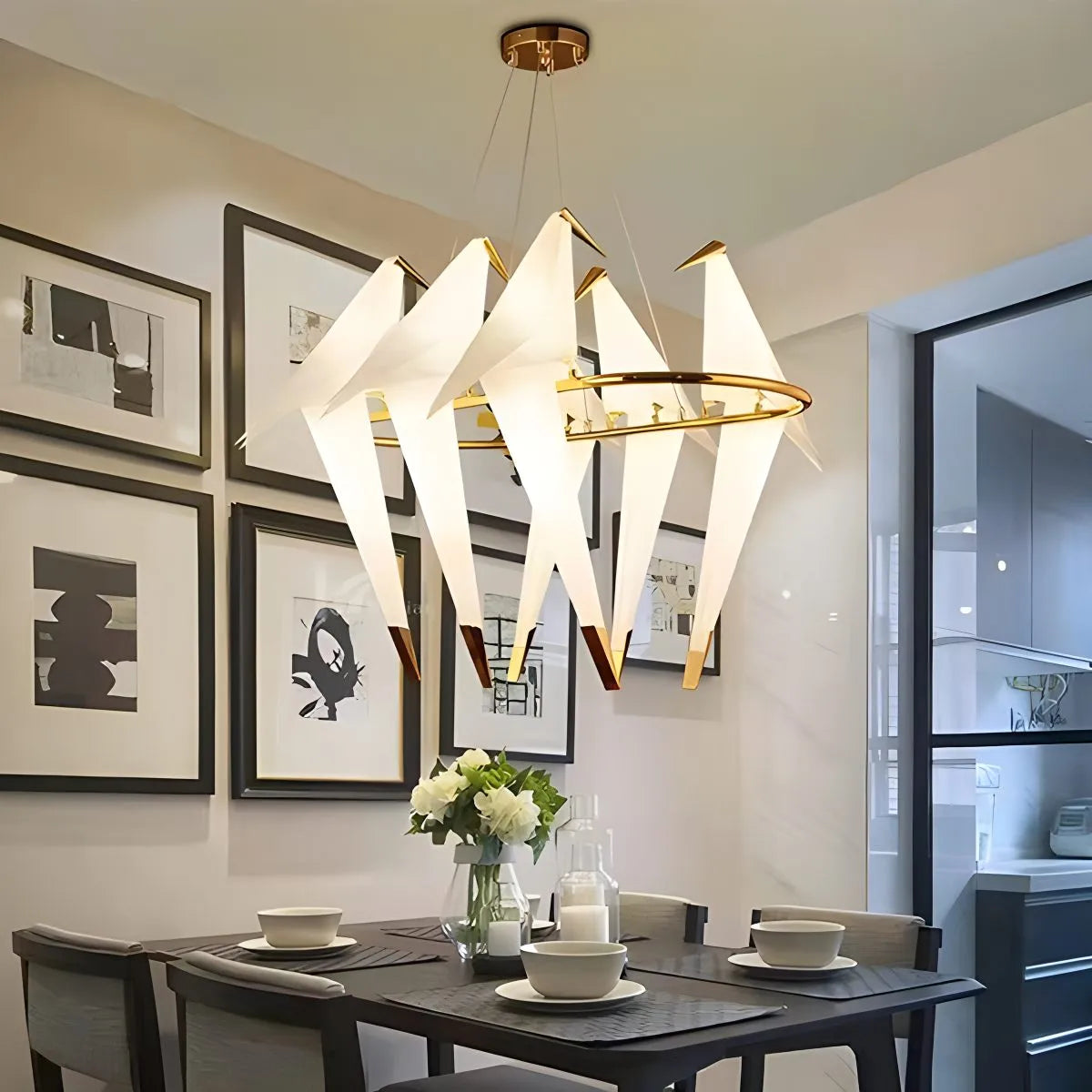 Elegant Dining Room Chandelier With Paper Crane Birds