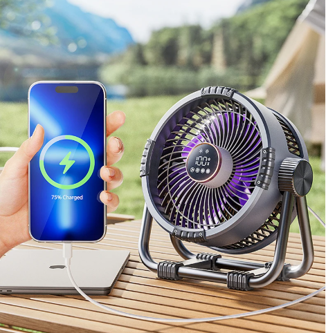 Rechargeable Camping Fan With Built-In Light And Power Bank 3-In-1 Outdoor Essential