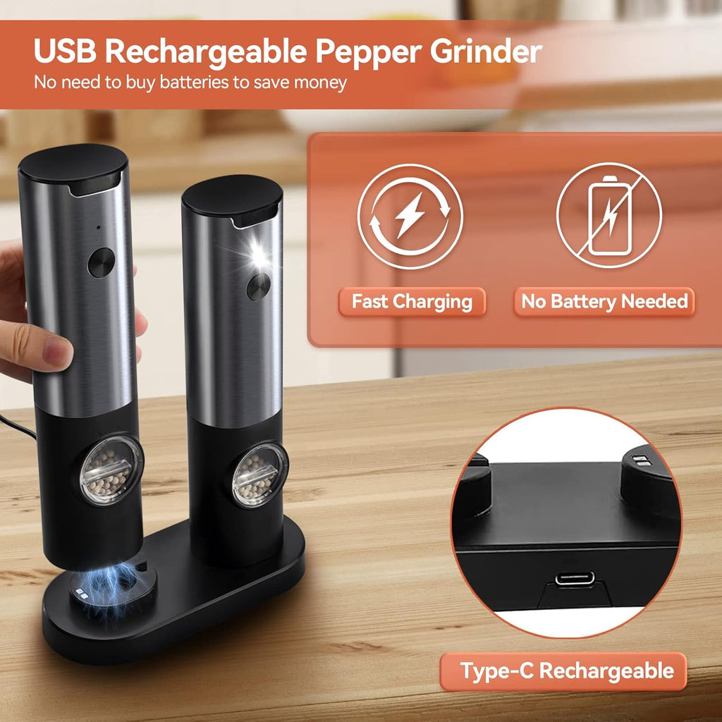 LED Light Seasoning Grinders For One Hand Use With Rechargeable Battery