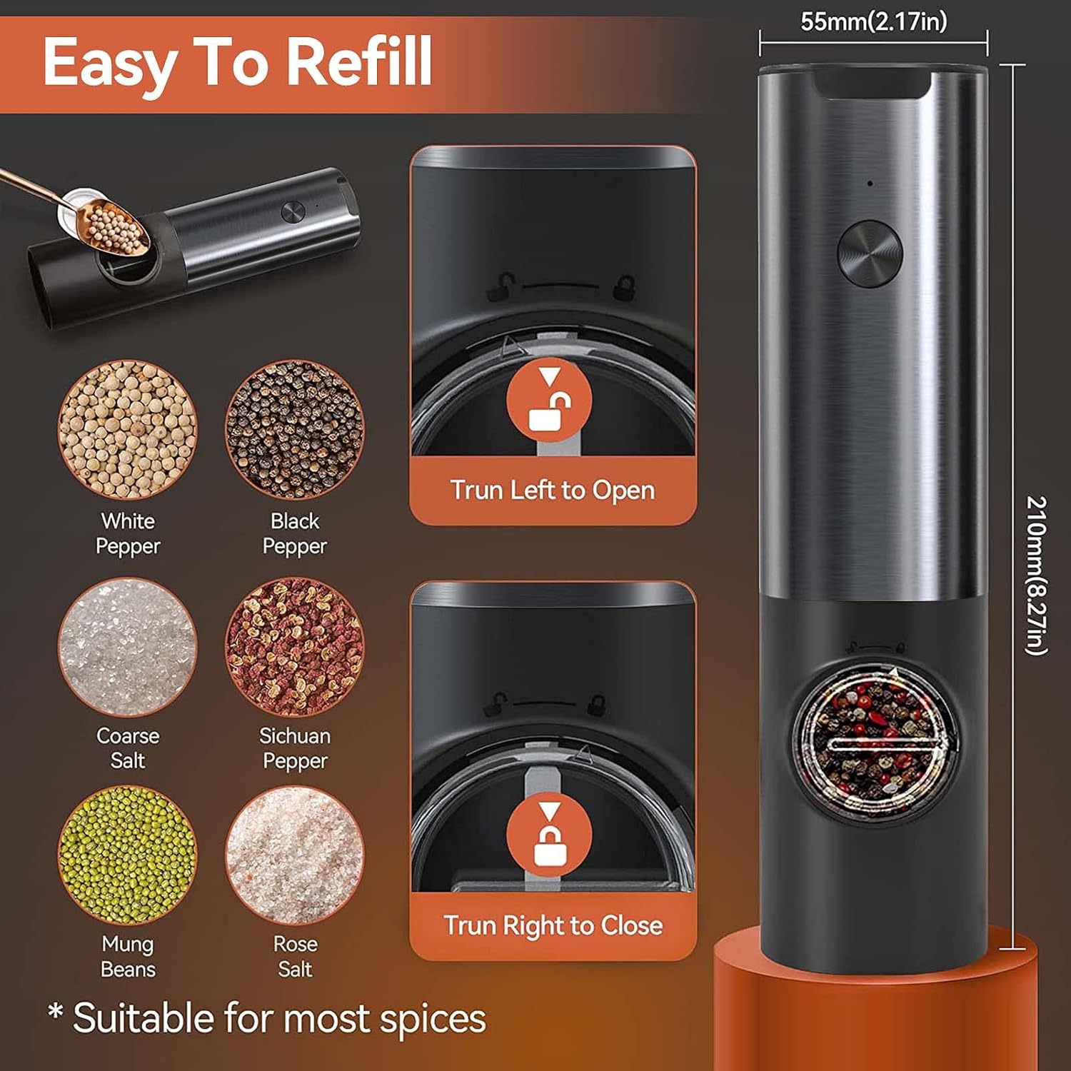 LED Light Seasoning Grinders For One Hand Use With Rechargeable Battery