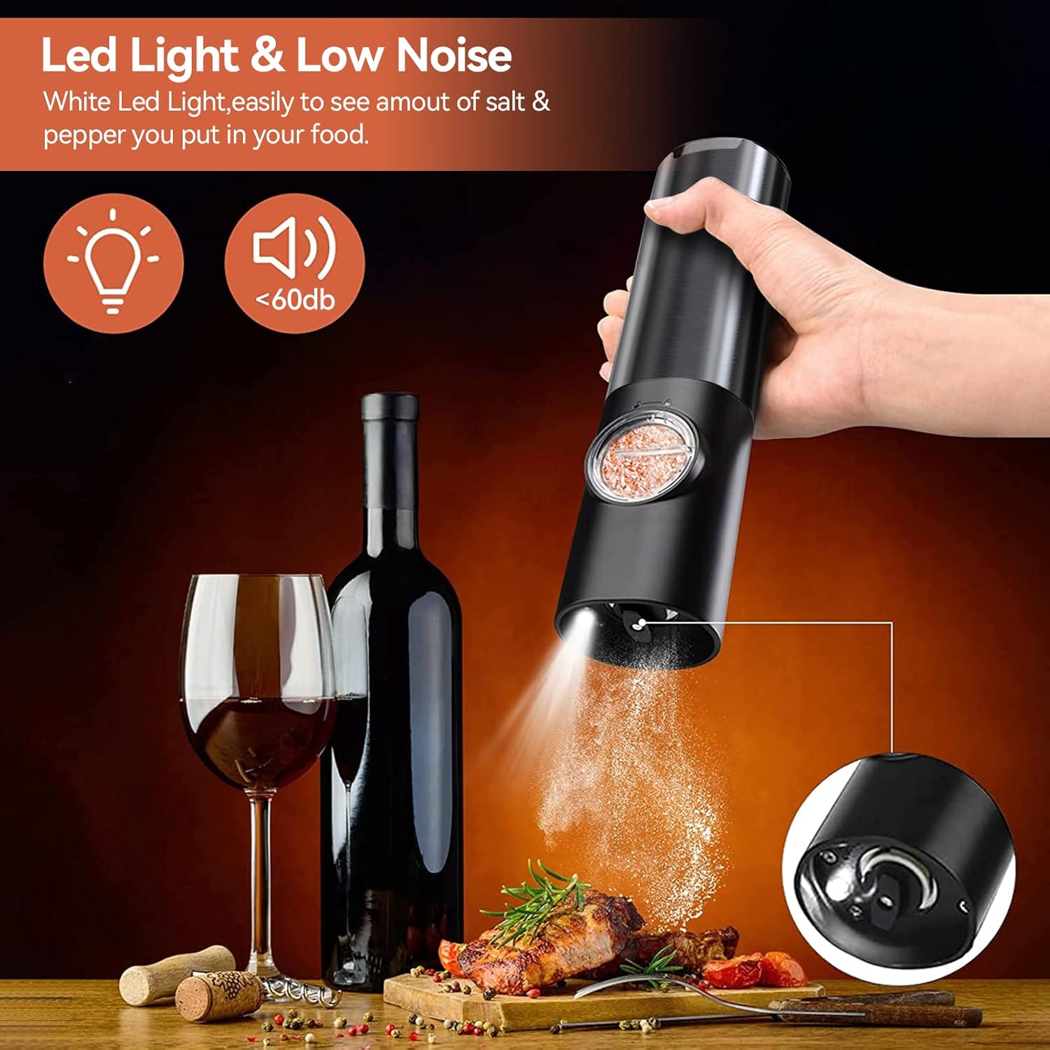 LED Light Seasoning Grinders For One Hand Use With Rechargeable Battery