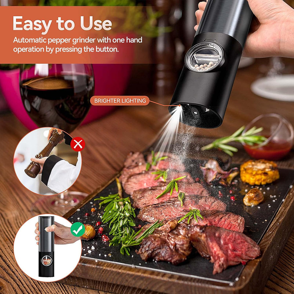 LED Light Seasoning Grinders For One Hand Use With Rechargeable Battery