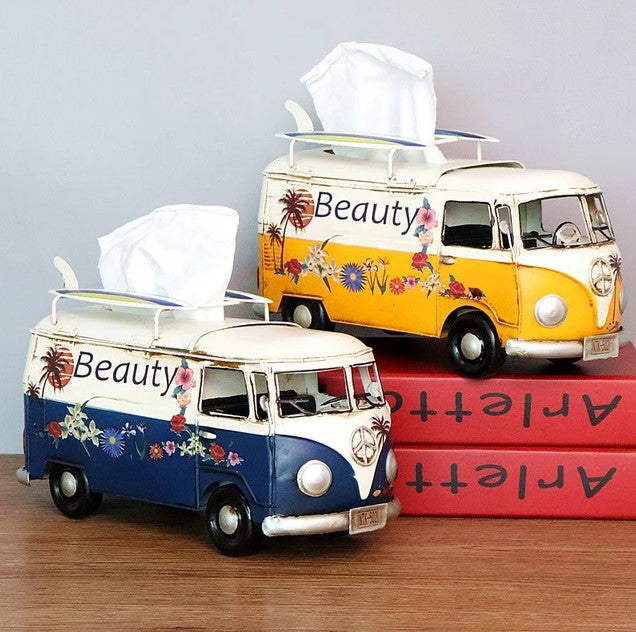 Retro Car Tissue Box Handcrafted Floral Bus Theme For Unique Home Decor