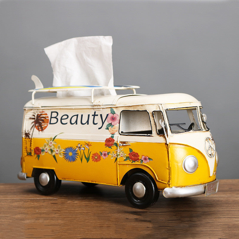 Retro Car Tissue Box Handcrafted Floral Bus Theme For Unique Home Decor