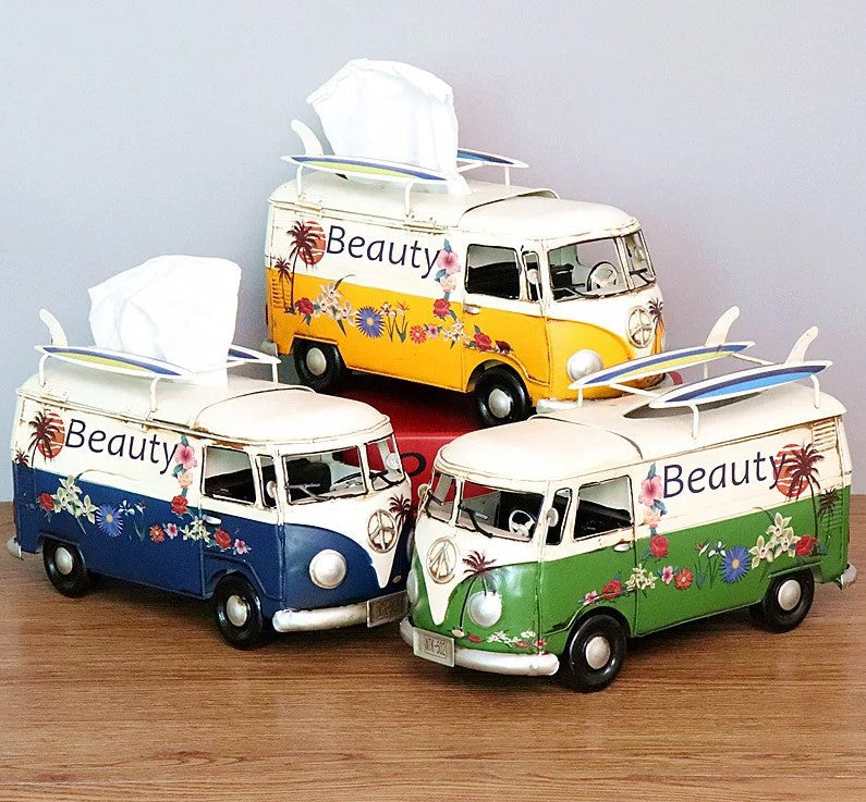 Retro Car Tissue Box Handcrafted Floral Bus Theme For Unique Home Decor