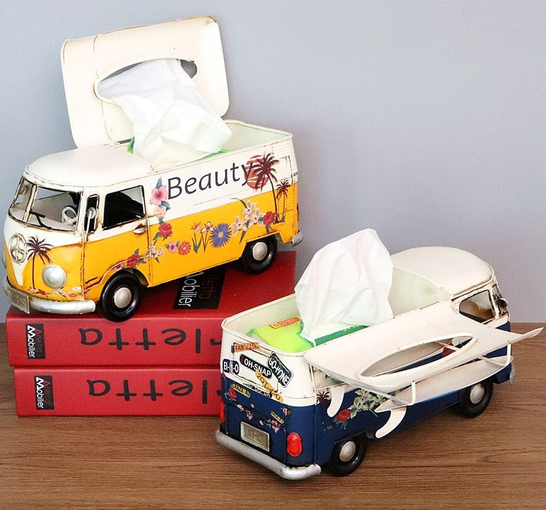 Retro Car Tissue Box Handcrafted Floral Bus Theme For Unique Home Decor