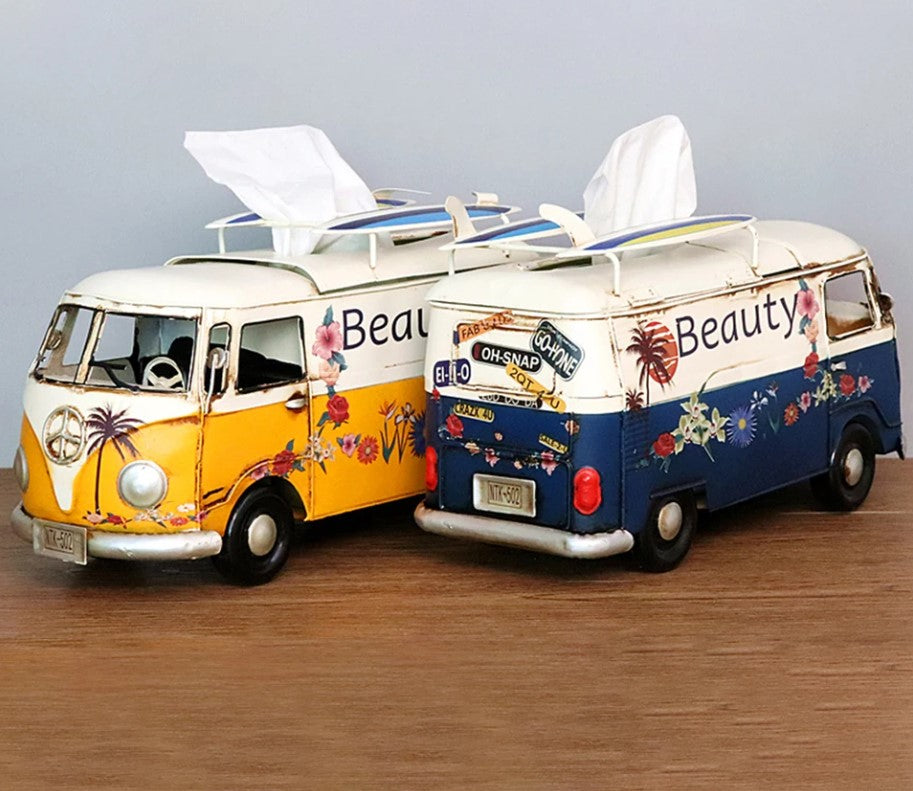 Retro Car Tissue Box Handcrafted Floral Bus Theme For Unique Home Decor