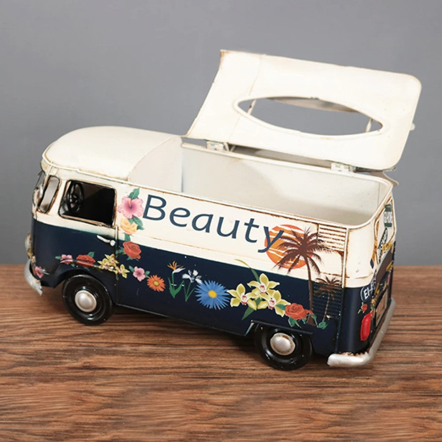 Retro Car Tissue Box Handcrafted Floral Bus Theme For Unique Home Decor