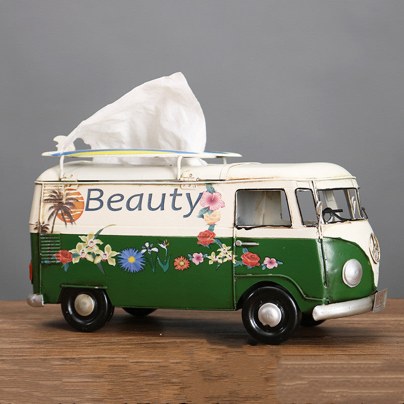 Retro Car Tissue Box Handcrafted Floral Bus Theme For Unique Home Decor