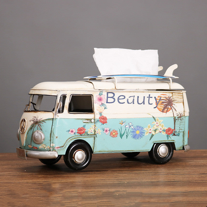 Retro Car Tissue Box Handcrafted Floral Bus Theme For Unique Home Decor