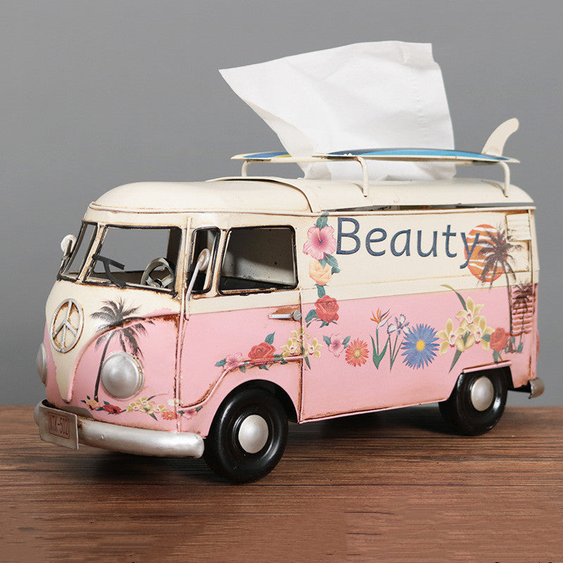 Retro Car Tissue Box Handcrafted Floral Bus Theme For Unique Home Decor