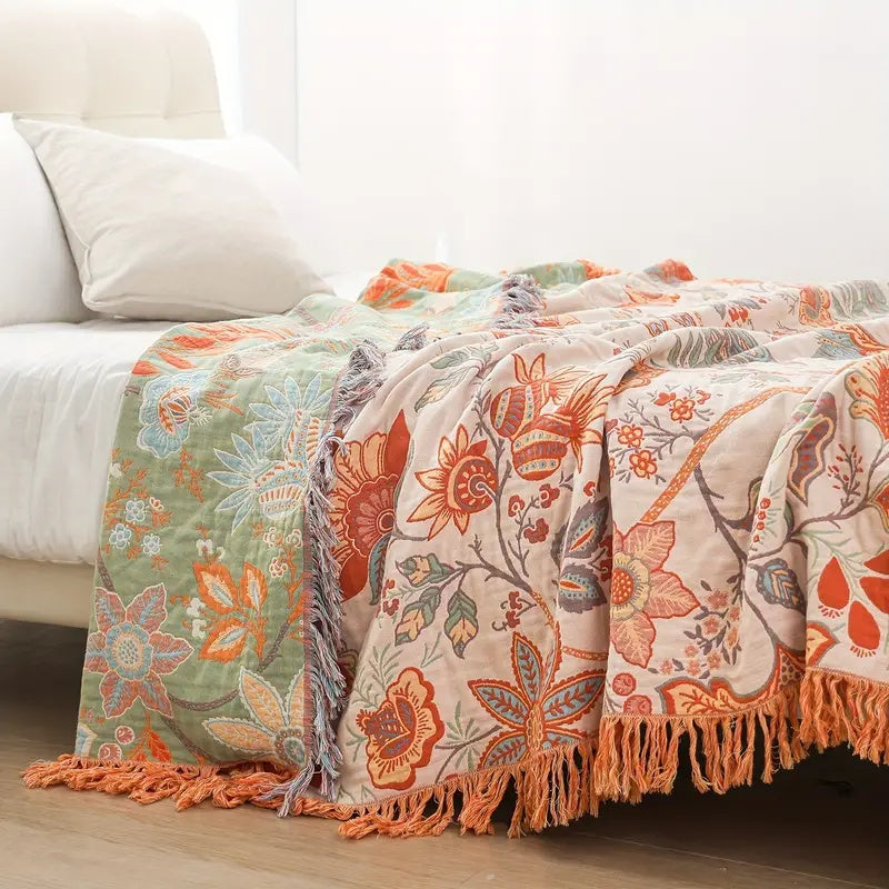 Rustic Floral Boho Blanket Breathable 100% Cotton For Sensitive Skin
