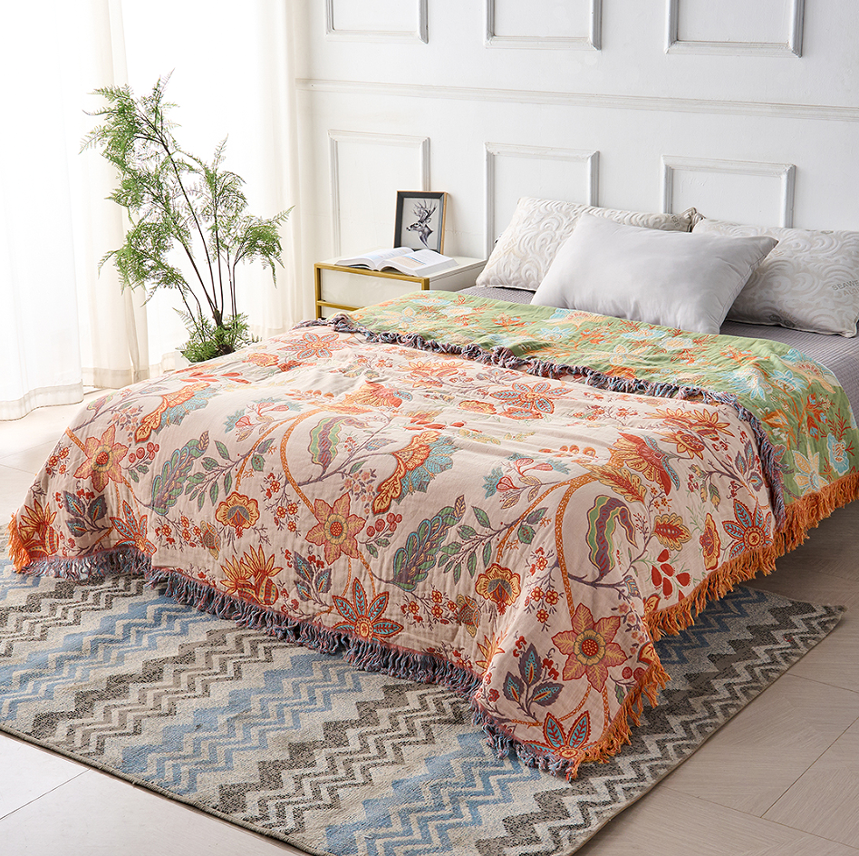 Rustic Floral Boho Blanket Breathable 100% Cotton For Sensitive Skin