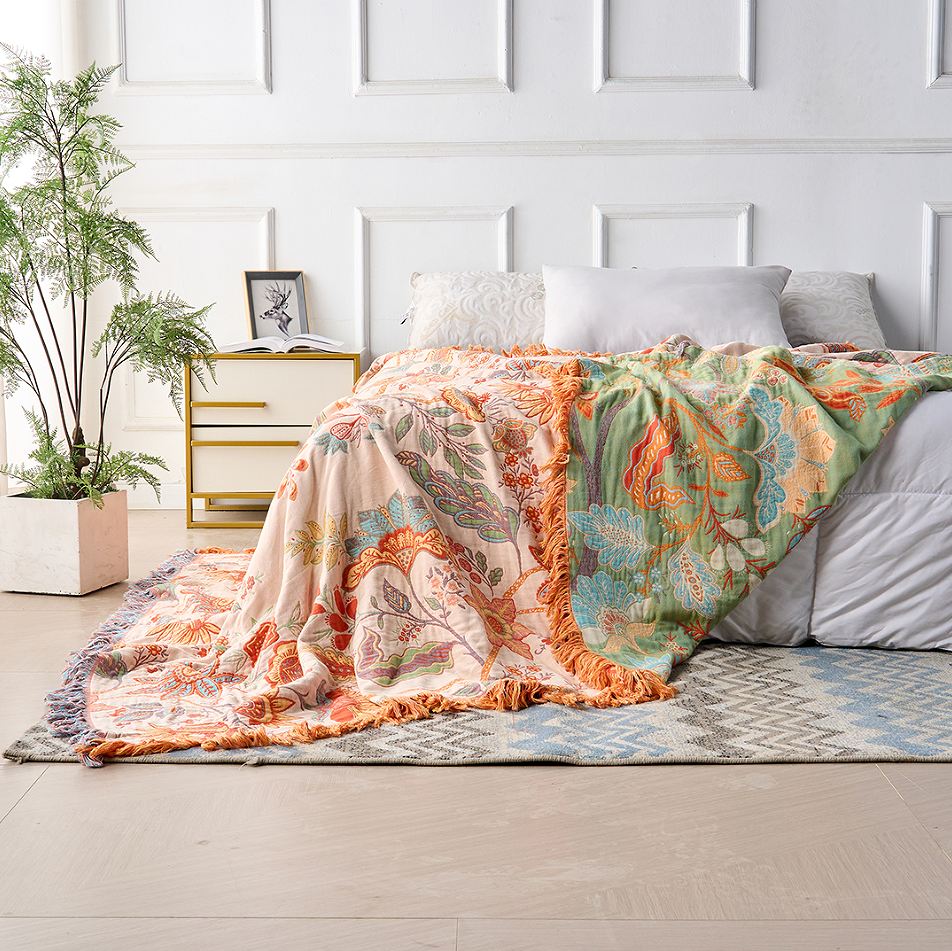 Rustic Floral Boho Blanket Breathable 100% Cotton For Sensitive Skin