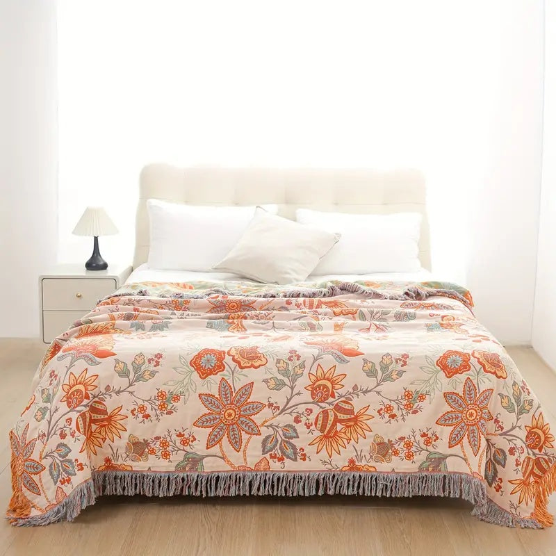 Rustic Floral Boho Blanket Breathable 100% Cotton For Sensitive Skin