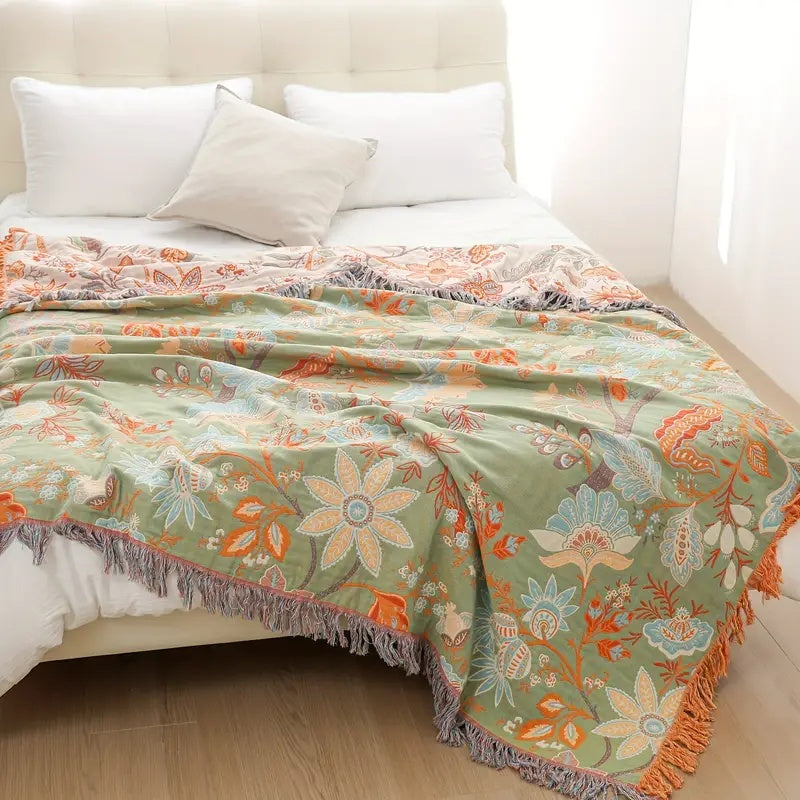 Rustic Floral Boho Blanket Breathable 100% Cotton For Sensitive Skin