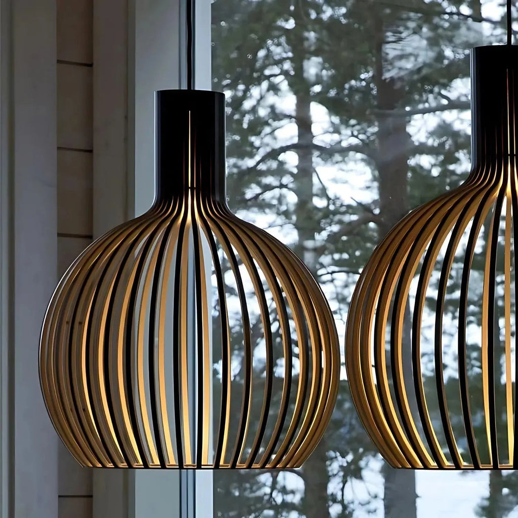 Scandinavian Birdcage Wooden Pendant Light With Adjustable Ceiling Fixture