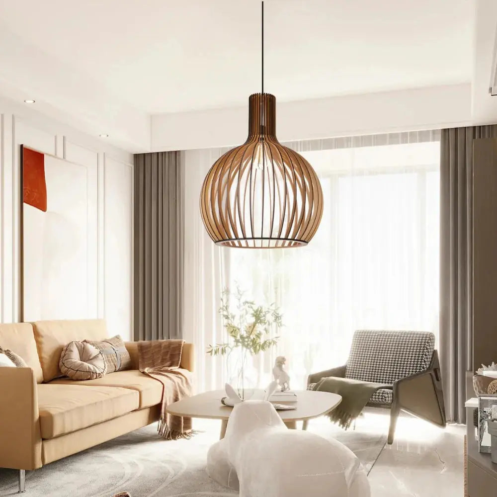 Scandinavian Birdcage Wooden Pendant Light With Adjustable Ceiling Fixture