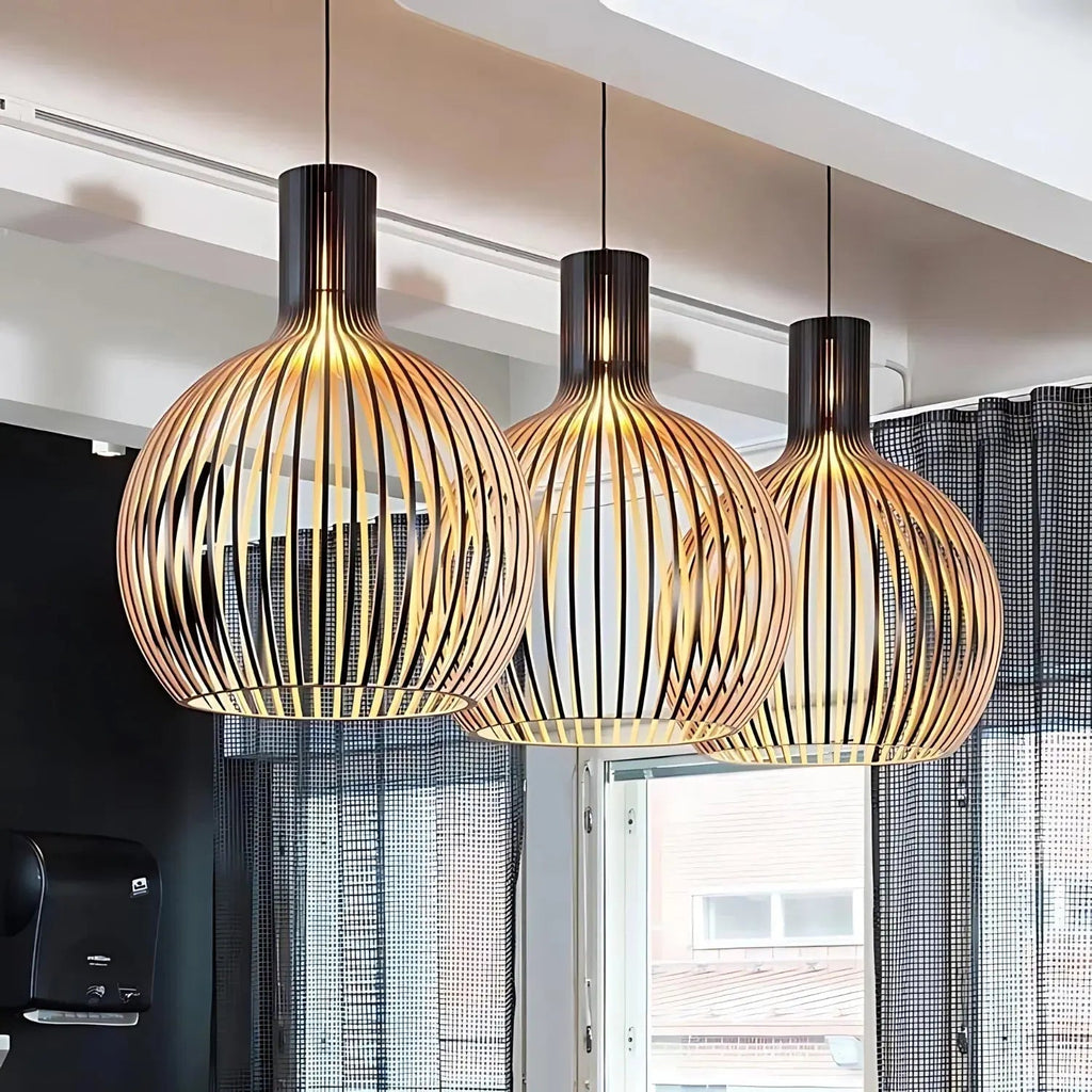 Scandinavian Birdcage Wooden Pendant Light With Adjustable Ceiling Fixture