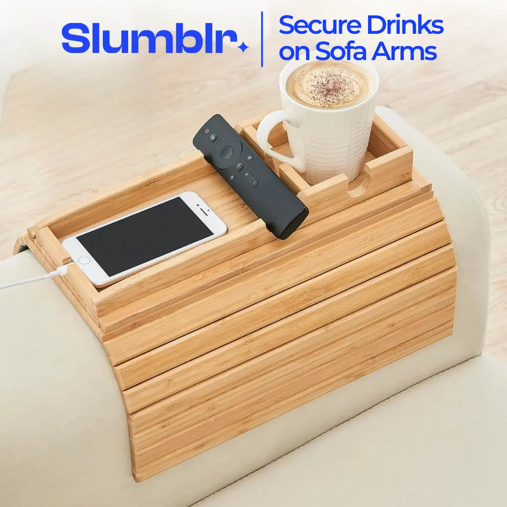 Slumblr Bamboo Couch Cup Tray With Foldable Design For Drinks And Snacks Stable Surface