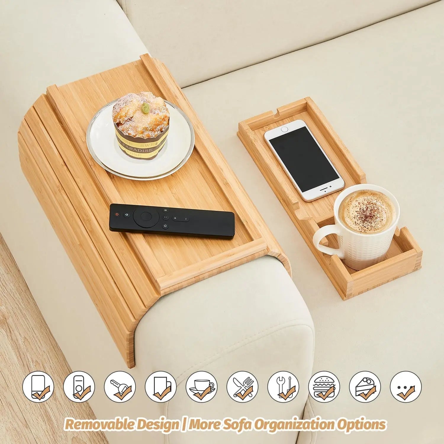 Slumblr Bamboo Couch Cup Tray With Foldable Design For Drinks And Snacks Stable Surface