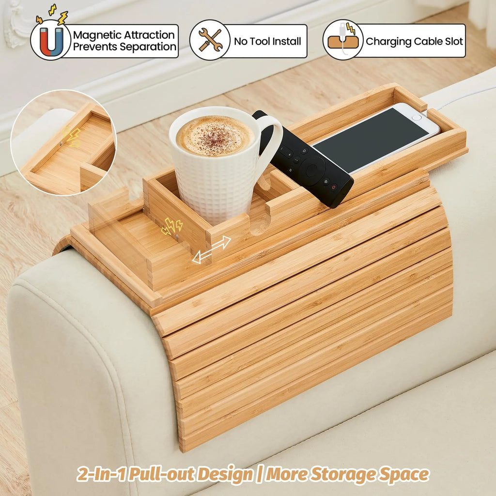 Slumblr Bamboo Couch Cup Tray With Foldable Design For Drinks And Snacks Stable Surface
