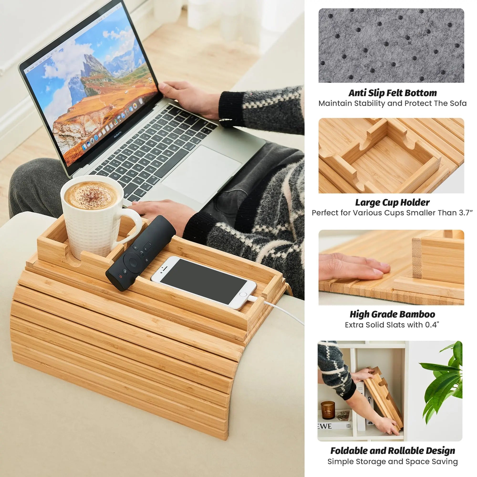 Slumblr Bamboo Couch Cup Tray With Foldable Design For Drinks And Snacks Stable Surface