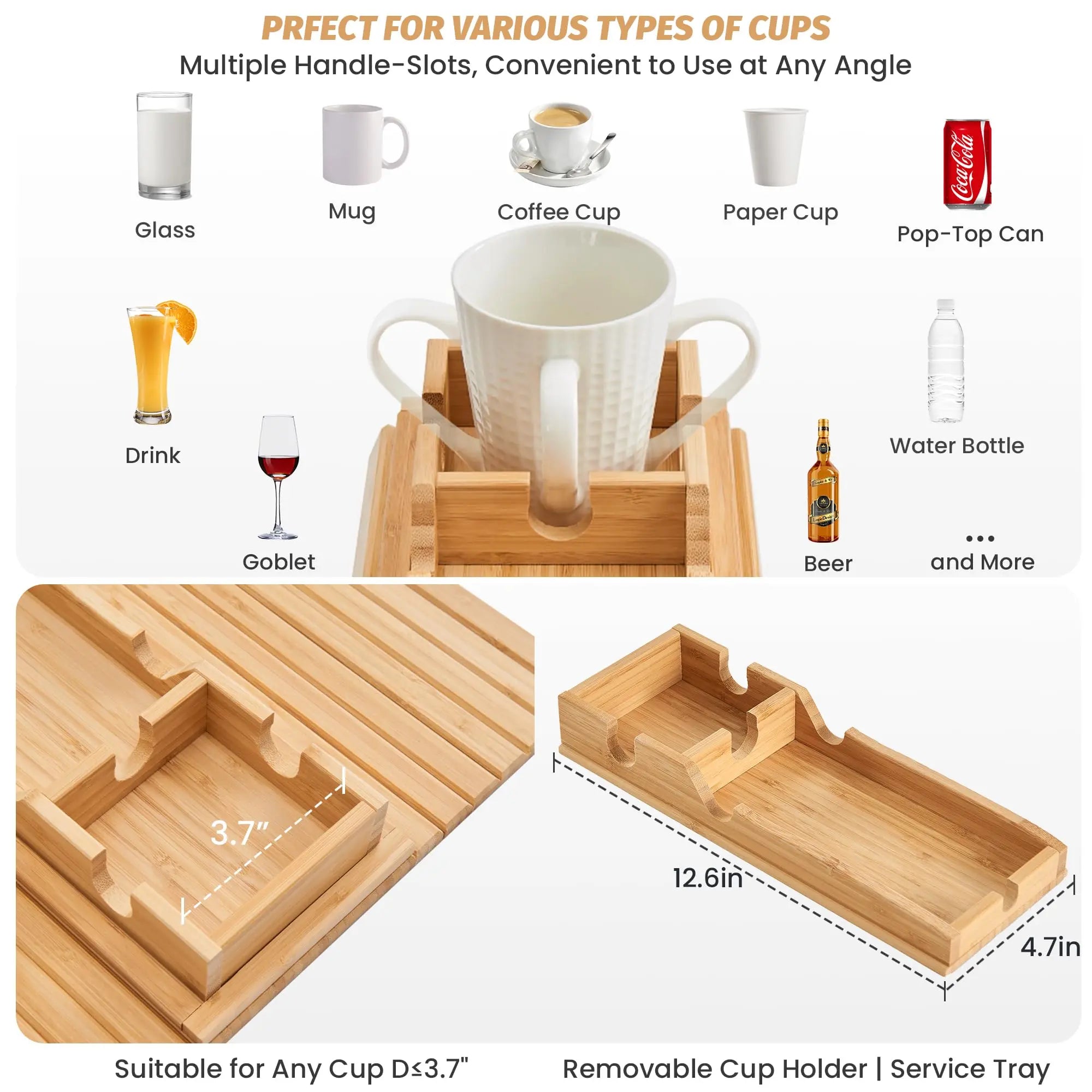 Slumblr Bamboo Couch Cup Tray With Foldable Design For Drinks And Snacks Stable Surface
