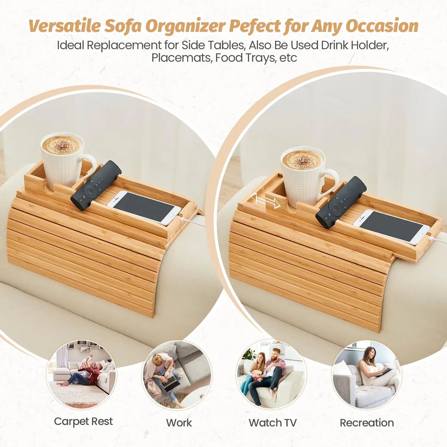 Slumblr Bamboo Couch Cup Tray With Foldable Design For Drinks And Snacks Stable Surface