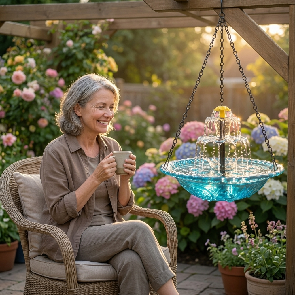 Two-Tier Solar Garden Fountain Attracts Birds With Built-In Panel