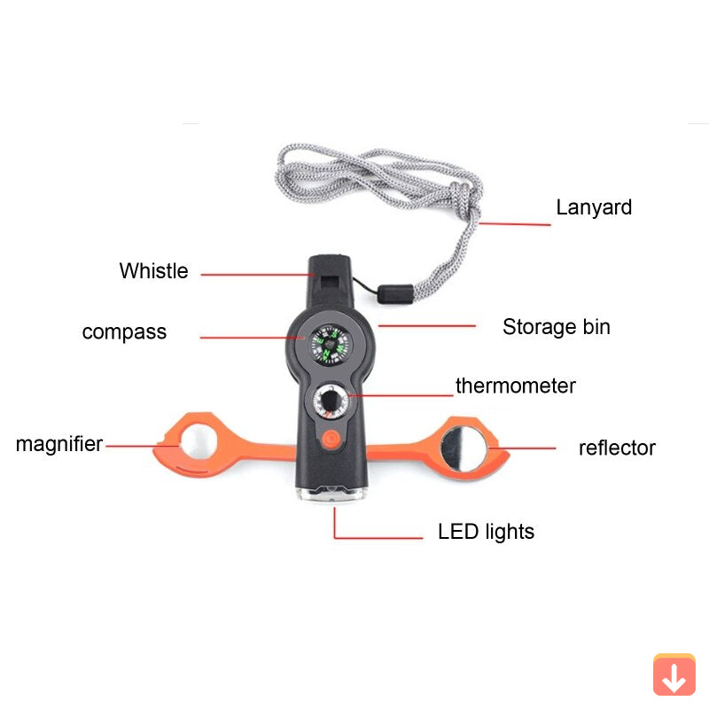 Survival Essentials 7-In-1 Outdoor Tool With Whistle And LED Light