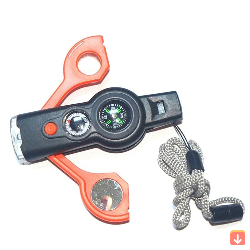 Survival Essentials 7-In-1 Outdoor Tool With Whistle And LED Light