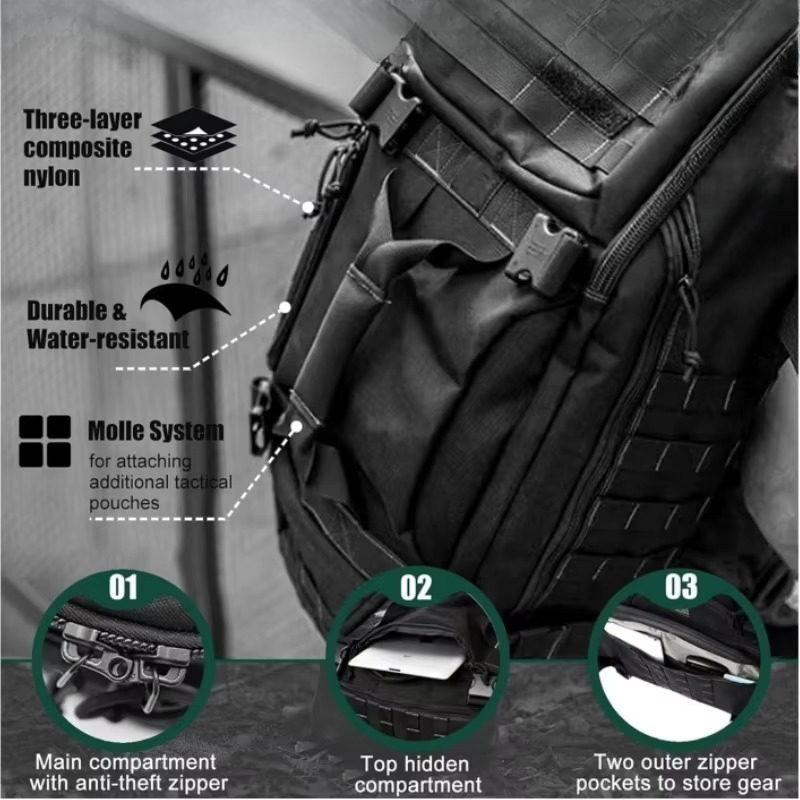 Tactical Backpack With Large Capacity Water Resistant Ergonomic Support For Outdoors